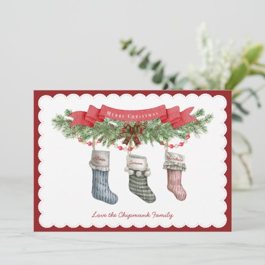 3のファミリ |クリスマスストッキングフラットホリデーカード シーズンカード (スタンド正面)