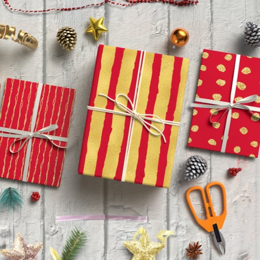 3の赤いクリスマスセットの黄金のグリッター ラッピングペーパーシート