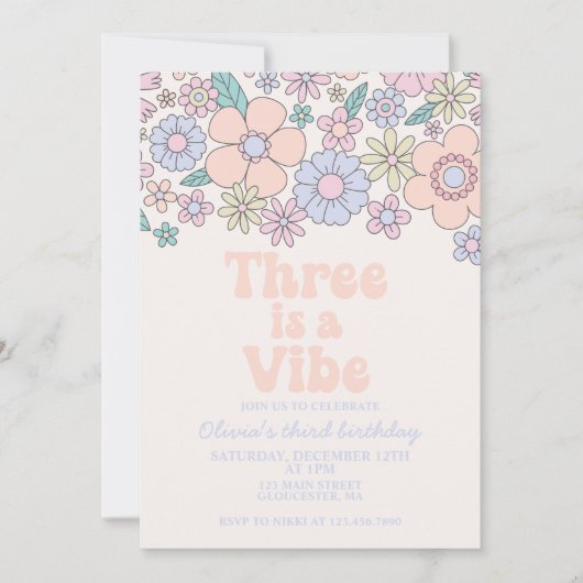 3は最高にイマドキ 3歳の誕生日おめでとう レトロフラワー 招待状 (正面)