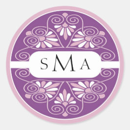 3イニシャルモノグラムのシール：ピンクと紫 ラウンドシール