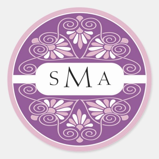 3イニシャルモノグラムのシール：ピンクと紫 ラウンドシール (正面)