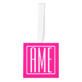 3イニシャルモノグラム |ホットピンクの白 キューブオーナメント (正面)