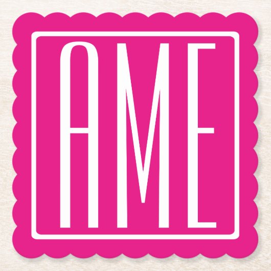 3イニシャルモノグラム |ホットピンクの白 ペーパーコースター (正面)