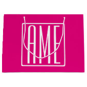 3イニシャルモノグラム |ホットピンクの白 ラージペーパーバッグ (正面)