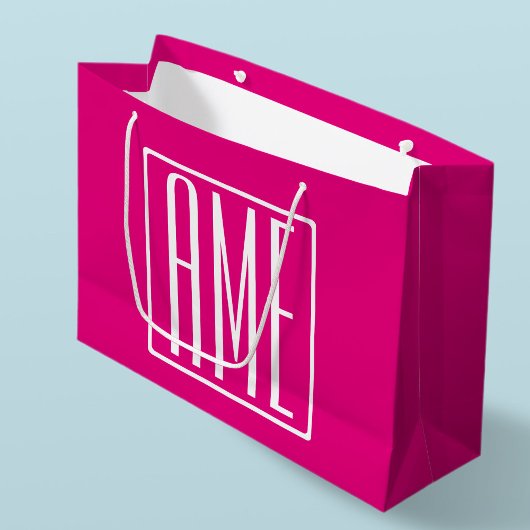 3イニシャルモノグラム |ホットピンクの白 ラージペーパーバッグ