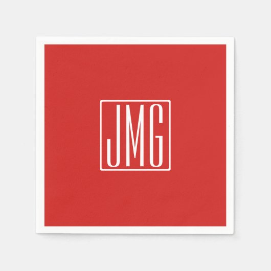 3イニシャルモノグラム |赤と白（またはダイアカラー） スタンダードカクテルナプキン (正面)