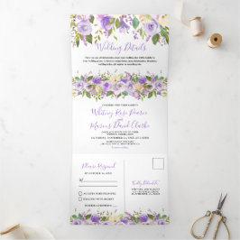 3イン1パープル素朴フローラ結婚 三つ折り招待状