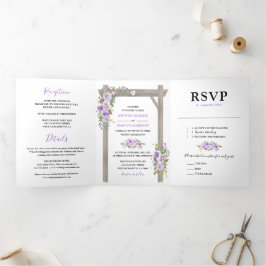 3イ素朴ンチ1パープルウォーター色のフローラ結婚ズ 三つ折り招待状