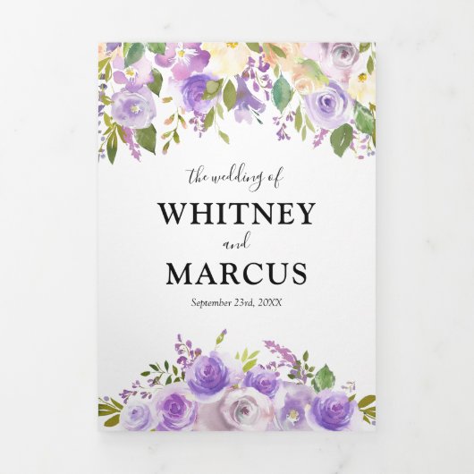 3イ素朴ンチ1パープルウォーター色のフローラ結婚ズ 三つ折り招待状 (カバー)