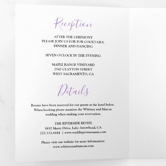 3イ素朴ンチ1パープルウォーター色のフローラ結婚ズ 三つ折り招待状 (内部最初)