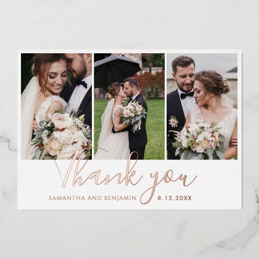 3エレガントの結婚写真ありがとうゴールドフォイルカード 箔招待状 (正面)