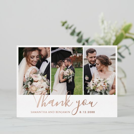 3エレガントの結婚写真ありがとうゴールドフォイルカード 箔招待状 (立ち正面)