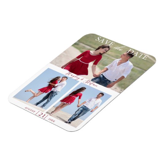 3エレガントカップル写真結婚式の日付を保存 マグネット (左側)