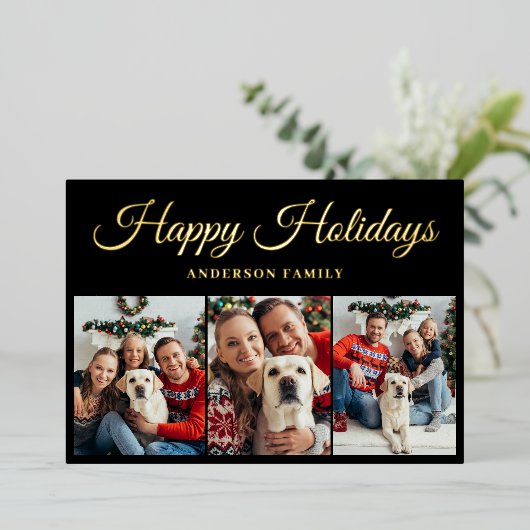 3エレガントフォトコラージュのクリスマス金ゴールド 箔シーズンカード (立ち正面)