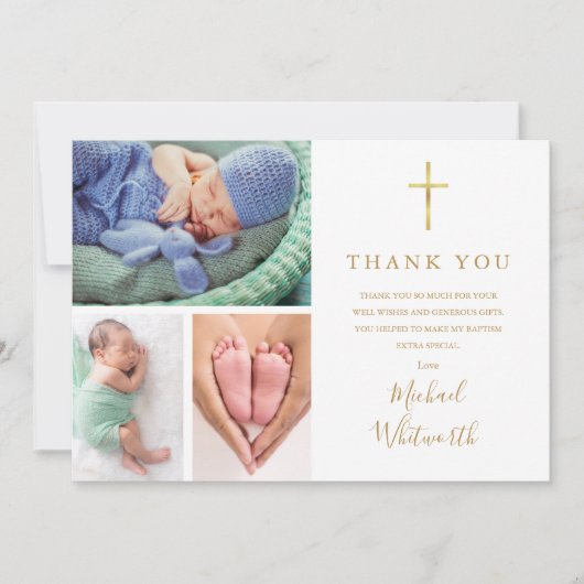 3エレガント写真金ゴールド署名スクリプトバプテスマ サンキューカード (正面)