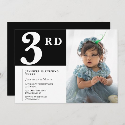 3エレガント回目の誕生日の招待ブラックシック写真 招待状 (正面/裏面)