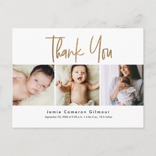 3カスタムベビー写真金ゴールドスクリプト誕生ありがとう ポストカード (正面)