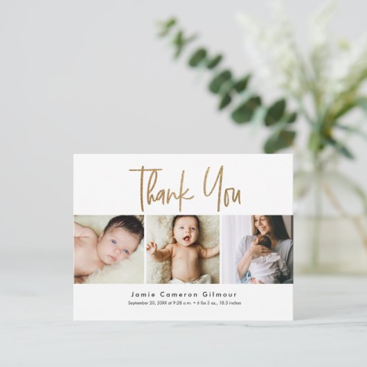 3カスタムベビー写真金ゴールドスクリプト誕生ありがとう ポストカード (スタンド正面)