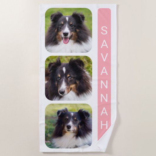 3カスタム枚の写真テンプレートをピンク色でコラージュ ビーチタオル (正面)