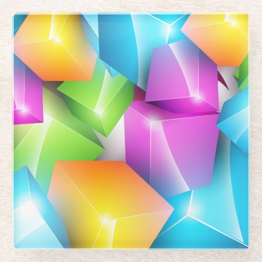 3カッコいいDカラフルキューブのグループ ガラスコースター (正面)