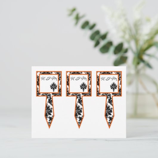 3カップケーキピック黒オレンジダマスコレースプリント ポストカード (スタンド正面)
