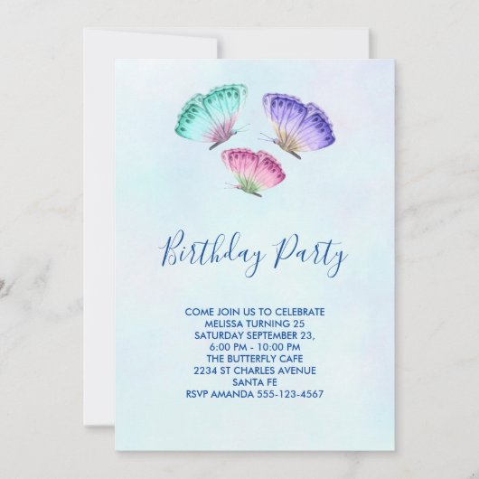 3カラフルパステルウォーター色蝶誕生日 招待状 (正面)