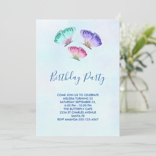3カラフルパステルウォーター色蝶誕生日 招待状 (スタンド正面)
