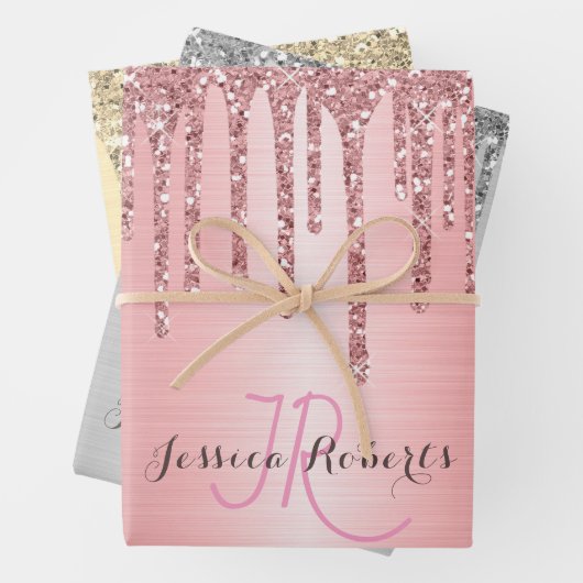 3カラーシックモノグラムガーリーグリッタードリップ ラッピングペーパーシート (インサイチュ)