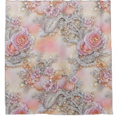 3ガーリーD銀幻惑とピンクのバラ模様 シャワーカーテン (正面)