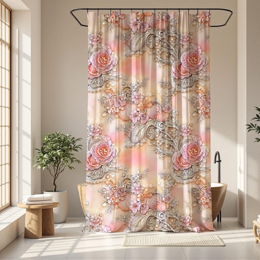3ガーリーD銀幻惑とピンクのバラ模様 シャワーカーテン