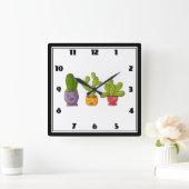 3キュートサボテンin花ポットおもしろいイラストレーション スクエア壁時計 (ホーム)