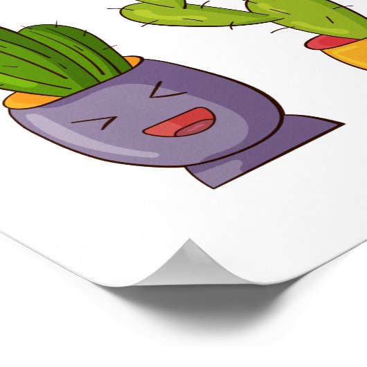 3キュートサボテンin花ポットおもしろいイラストレーション ポスター (角)