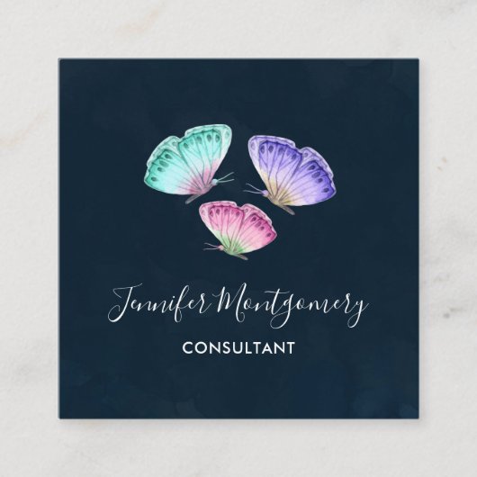 3キュートパステルカラフルウォーターカラー蝶 スクエア名刺 (正面)