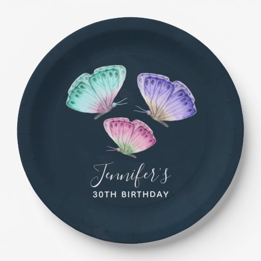 3キュートパステルカラフルウォーターカラー蝶 ペーパープレート (正面)