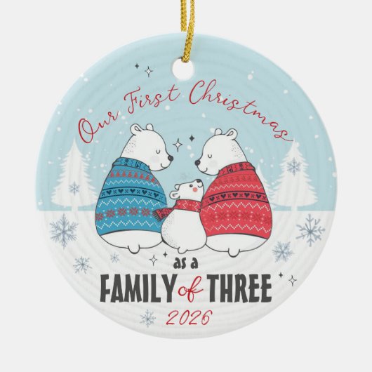 3クマの家族スノーフレーク私たちの初めてのクリスマス セラミックオーナメント (正面)