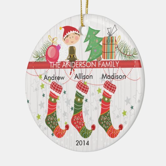 3クリスマスのオーナメントのかわいい小妖精や小人のストッキングの系列 セラミックオーナメント (左)