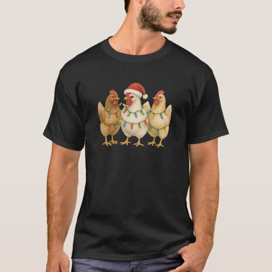3クリスマスチキンクリスマスライトとサンタハ Tシャツ (正面)