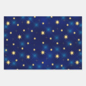 3コーディネートスターブルーパープルティール（緑がかった色）ホリデー ラッピングペーパーシート (正面)