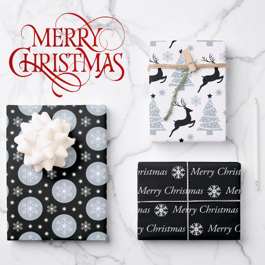 3コーディネート白黒クリスマススノーフレーク ラッピングペーパーシート