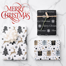 3コーディネート白黒トナカイのクリスマスプレゼント ラッピングペーパーシート