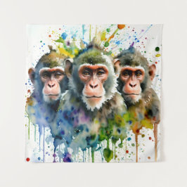 3サルカラフル水彩画 タペストリー