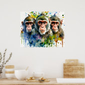 3サルカラフル水彩画 ポスター (キッチン)