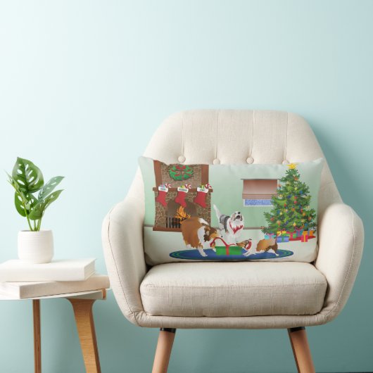 3シェットランド・ シープドッグギフト、緑、クリスマス休暇を取り出す ランバークッション (椅子)