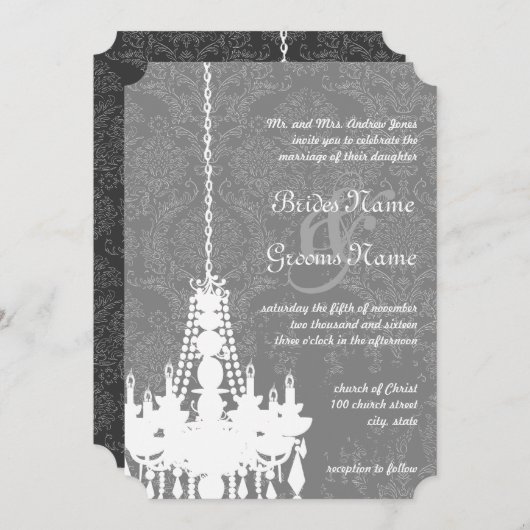 3シルバー&グレーシャンデリアダマスクウェディング招待状 招待状 (正面/裏面)
