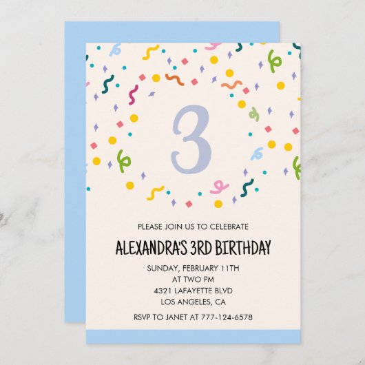 3シンプル歳の誕生日招待状紙吹雪モダン 招待状 (正面/裏面)