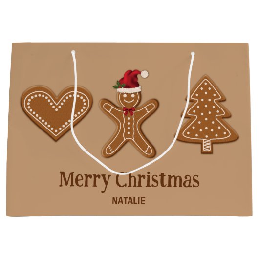 3ジンジャーブレッドクリスマスクッキーの形状と文字 ラージペーパーバッグ (正面)