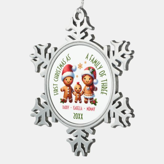 3ジンジャーブレッド家族の家族としての第1クリスマス スノーフレークピューターオーナメント (右)