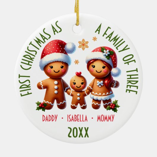 3ジンジャーブレッド家族の家族としての第1クリスマス セラミックオーナメント (裏面)