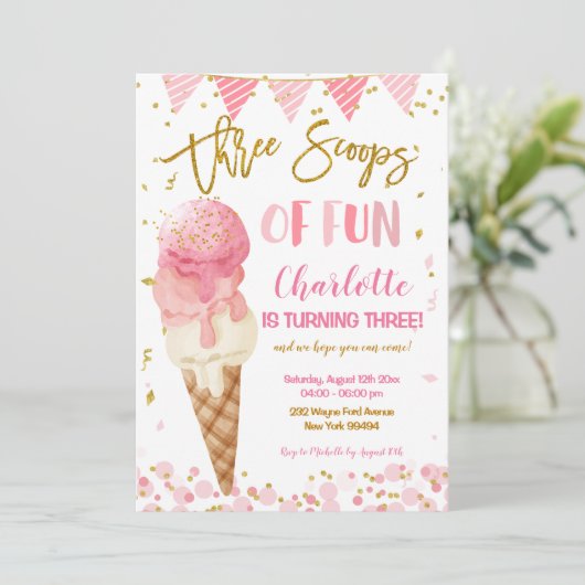 3スクープのおもしろいアイスクリームの3番目の誕生日パーティー 招待状 (スタンド正面)
