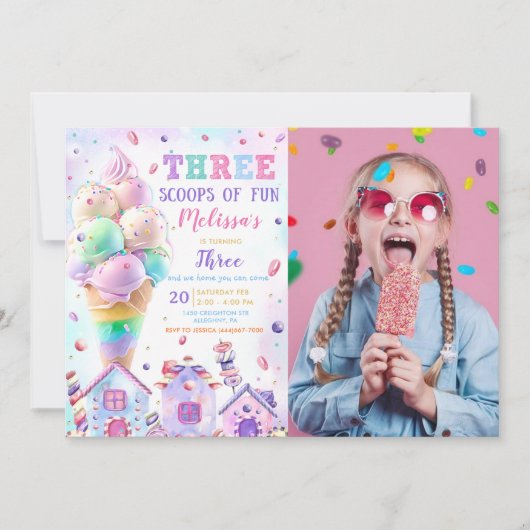 3スクープのおもしろいアイスクリーム誕生日写真 招待状 (正面)